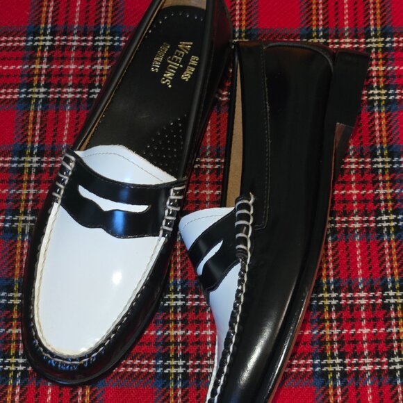 new 7.5 GH Bass Wejuns leather penny loafers slip-on black white Whitney flats